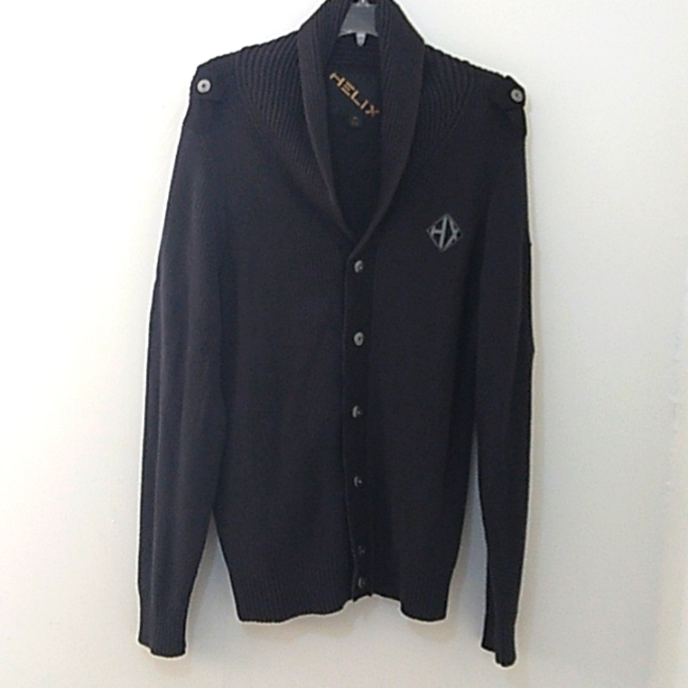 Helix Cardigan Sweater Men's XL Cowl Neck Military Black Front Button Up Epaulet